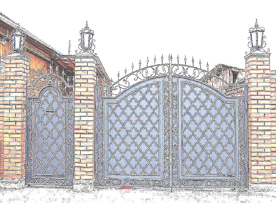 Ковано-металлические распашные ворота (рисунок)